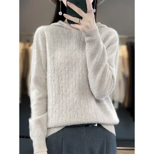 Casual Women’s Winter Hooded Knit Pullover Long Sleeve Jacquard Knit Loose Fit Sweater, Warm Soft Breathable for Daily Wear