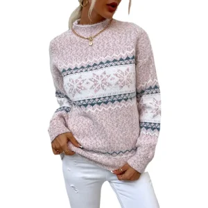Casual Women’s Winter Jumper Half High Neck Snowflake Knitwear Crew Neck Breathable Front Logo Polyester