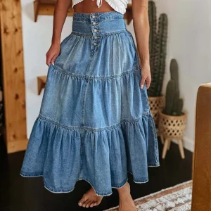 Channel 6 Colors Spring Summer Women’s Casual Tiered Button Down High Waisted Boho Jean Denim Maxi Skirts With Pockets