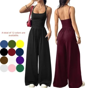 Channel Fashion Women’s Summer Jumpsuit Spaghetti Strap One Piece Outfit Wide Leg Baggy Pants Romper