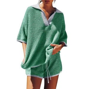 Channel Summer Womens Sweater Set 2 Piece Outfits Oversized 3 4 Sleeve V Neck Knit Tops High Waisted Shorts Lounge Sets