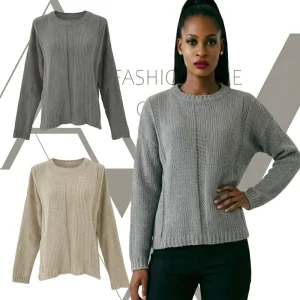 Charcoal Grey Ribbed Knit Vertical Pointelle Drop Shoulder Loose Fit Ladies Daily Wear Jumper