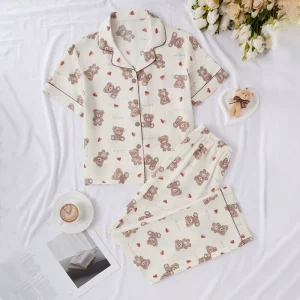 Charming Bear Heart Design Short Sleeved Elegant Casual ODM Summer Autumn Pajamas Set Button Down Top Long Pants Loungewear