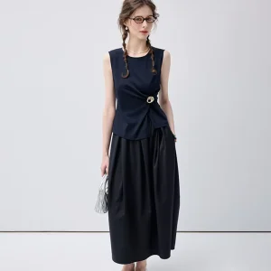 Chic Elegant Office Style Navy Blue Outfit With Sleeveless Ruched Top Two Piece Set