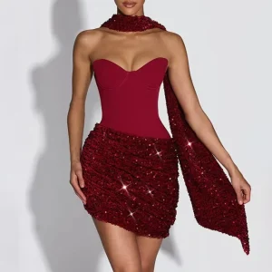 Chic Sequin Patchwork Strapless Mini Dress Women Scarf Collar Off-shoulder Waist Cinching Pleated Robe Lady Evening Party Gowns