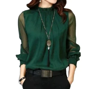Chiffon Blouse New Women Tops Long Sleeve Stand Neck Work Wear Shirts Elegant Lady Casual Blouses Women’s Plus Size