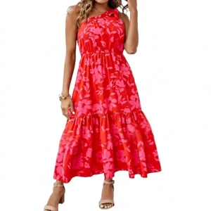 Chiffon Women’s Summer Asymmetrical Floral One Shoulder Maxi Dress Knot Ruffle Boho Washable Beach Vacation Wedding Guest