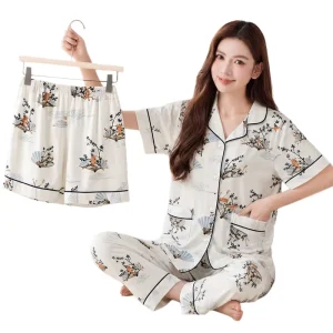 Chinese style Women’s Short sleeve Summer Nightgown Elegant Printed Three piece Loungewear Set