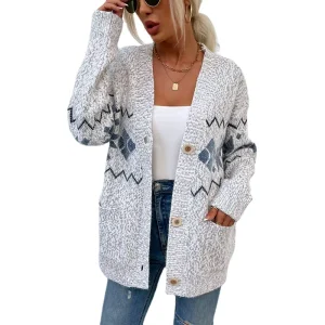 Christmas Women’s Snowflake Cardigan Sweater Single Breasted Pocket Knitted Coat