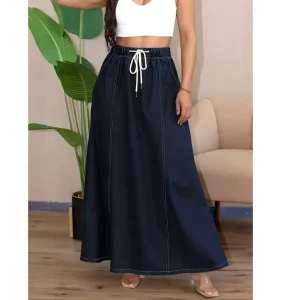 Classic Blue Denim A Line Skirt for Women Y2K Style Straight Big Hem Tight Fit Long Maxi Waist Logo for Spring Summer Autumn