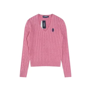 Classic V Neck Cable Knit Pullover Women Loose Fit Knitted Sweater Ladies Casual Knit Top Custom Logo