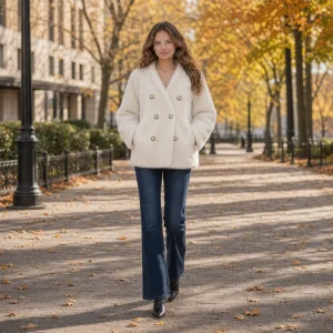 Classic Windproof Printed Woven V Neck Double Breasted Short Style Brown Faux Mink Fur Winter Women’s Coat