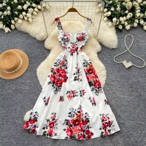 Clothes Women Dress French Floral Halter Sleeveless High Waist A Line Flared Women’S Fashion Print Dress Women Casual Dress