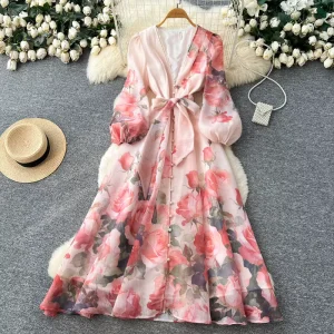 Clothes Women Dress Women’s Floral V-Neck Sleeve Dress Waist-Defining A-Line Office Dress Casual Dresses For Women