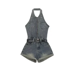 Clothing Manufacturer Custom Ladies Summer Wear Halter Short Bodysuit Women’s Denim Rompers Jumpsuits