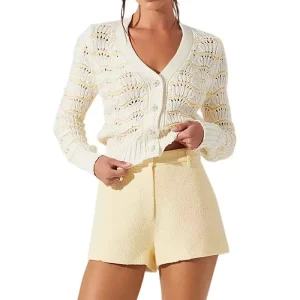 Clothing Manufacturer Custom Striped Embellished Button Cable Knit Hollow Out Breathable Casual Women’s Cardigan Sweater