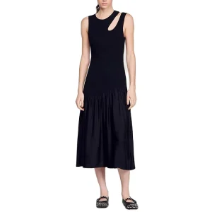 Clothing Manufacturer Custom Winter Black Crew Neck Sleeveless Knit Woven Panel ODM Anti-Wrinkle A-Line Midi Women’s Dress