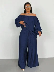 Clothing Plus Size Women’s Solid Casual Two-Piece Set Shoulder Top Wide Leg Pants Anti-Wrinkle Pocket Bulk for Resale