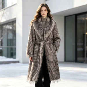 Coffee Brown Women’s Coat Trendy Long Fur Coat for Fall Winter Customizable Fabric and Color