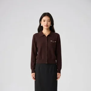 Coffee Elegant Soft Knitted Sweater Long Sleeve Polo Neck Wool Blend Women’s Cardigan