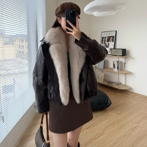 Cold Winter Women’s Suede Fur Trim Down Jacket with Puff Sleeve Single Breasted Contrast Color for Plush Coat