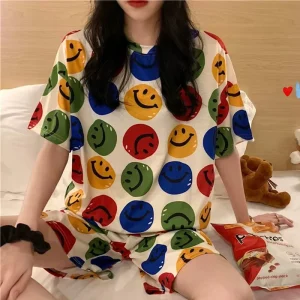 Coldker Nightwear Women Pajamas Set Casual Sleeve Print Cartoon T shirt Sleepwear Set