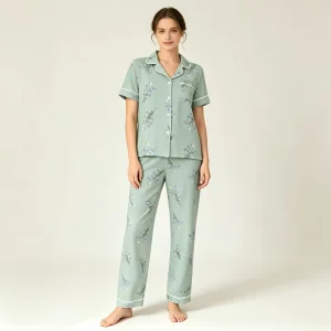 Collared Short and Long Two Piece Women’s Pajamas with Printed Patterns Soft Woven Loungewear