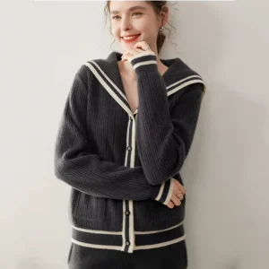 College Style Cashmere Sweater Custom Casual Sailor Collar Women Cashmere Cardigan Top Navy Collar Button Knitted Cardigan
