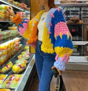 Color Block Rainbow Knitted Cardigan Top Coat Women’s Autumn and Winter Hand Knitting Thick Crochet Sweater