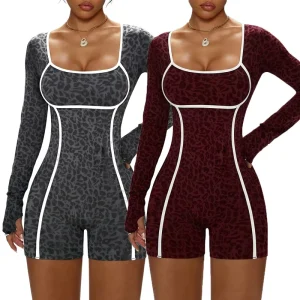 Color Blocked Leopard Seamless Activewear Women Long Sleeve Butt Lift Gym Workout Yoga One Piece Jumpsuits