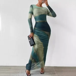 Color Sustainable Tie Dye Mesh Long Dress for Women O-Neck Long Sleeved Slim Fit Party Dress Draped Decor Washable
