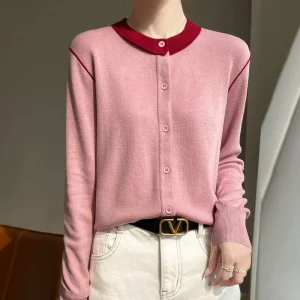 Colorblock Wool Cardigan Women’s Round Neck Knit Sweater Oversized Open Front Coat Bulk Order