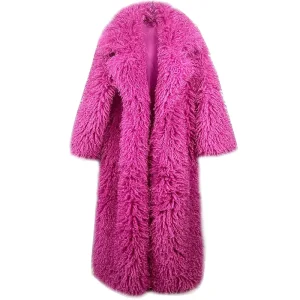 Colorful Factory Price Custom Winter Warm Women Faux Wool Coat Luxury Mopping Style Fur Women Long Faux Mongolian Lamb Coat
