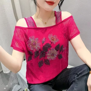 Colorful Floral Women’s T shirt Double Layers Ice Silk Gauze Short Sleeve Rhinestone Flower Lace Tee Tops Party Clothes