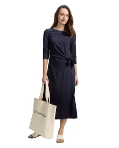 Comfortable Breathable Modal Solid Vintage Autumn Women’s Dress with Three-Quarter Sleeves and Knotted Detail