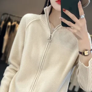 Comfortable Custom Thick Warm Cashmere Cardigan for Women’s Double Zipper Long Sleeved Sweater Loose Knit