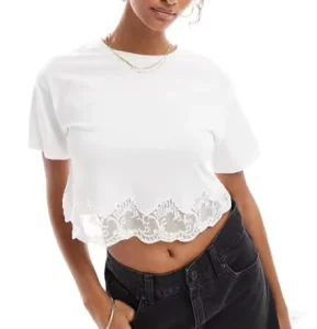 Comfortable Women’s Slim Lace Crop Top Plain Short Sleeve T-Shirt with Loose Hem