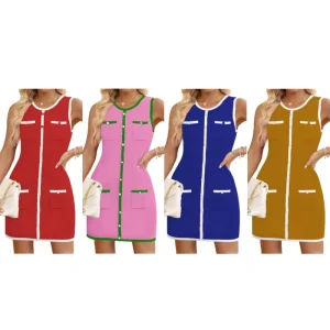 Contrast Color Slim Fit Knit Dress Sweater Women’s Button Ribbed Slim Fit Dress