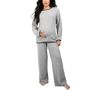 Contrast Soft Rib Loungewear Set 2 Piece Set Front Maternity Pajama Set for Pregnant Women’s