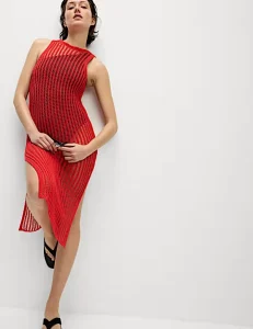 Coolred Summer Women’s Sleeveless Knitted Dresses Simple Striped Pleated Maxi Dress with Natural Waist Midi Woolen Fabric