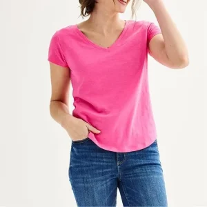 Cotton Classic Women’s V Neck T-shirt Breathable Casual Curved Hem Fashion Short Sleeve Anti-pilling