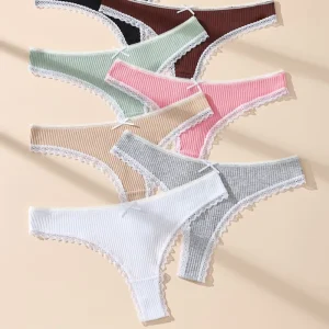 Cotton Lace Women’s Underwear With Low Rise Ribbed Design Sexy Lace Trim Bikini Style Bow Detail Seamless Breathable Thin