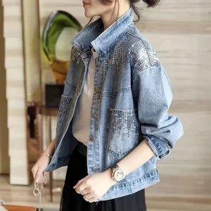 Cotton Polyester Sequin Denim Jacket for Women Spring Oversized Long Sleeve Sequined Jean Coat