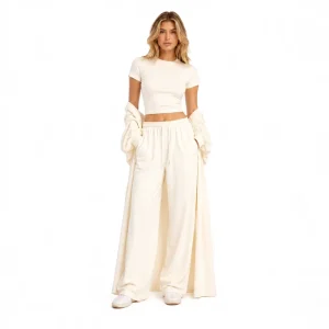 Cozy Knit 3 Piece Lounge Set Women Long Cardigan Ribbed Crop Top and High Waist Wide Leg Pants Set Soft Homewear