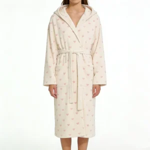 Cozy Plush Fleece Hooded Robe with Pink Heart Print Women’s Comfortable Loungewear for Home