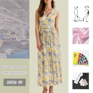 Cream Base Yellow Blue Rose Floral Maxi Dress Women’s Sleeveless V Neck Elastic Waist Side Pocket Dress