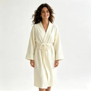 Cream Color Cotton Bathrobe Women’s Long Kimono Style Loungewear All Season Waffle Robe with Belt