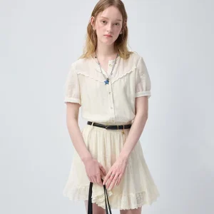 Cream Subtle Floral Embroidery Two Piece Mini Dress For Women V Neck Ruffle Lace Yoke Cap Short Sleeve