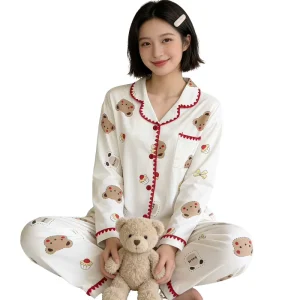 Cream colored Cute Cartoon Women’s Pajamas Spring Collection Relaxed fit Long sleeve Loungewear Set