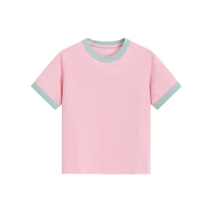 Creative 260g Heavyweight Women’s T shirt Contrast Color Stitching Shoulder Print Short Top for Trendy Pink Summer Look